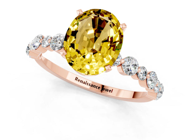 Rose gold Oval Cut Yellow Sapphire Prong Set Engagement Ring with Pavé Band