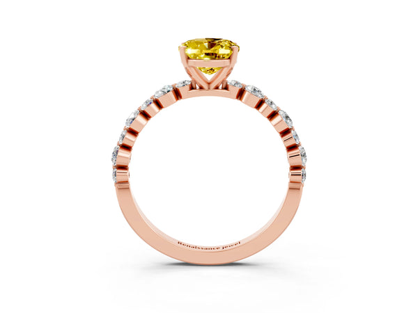 Rose gold Oval Cut Yellow Sapphire Prong Set Engagement Ring with Pavé Band
