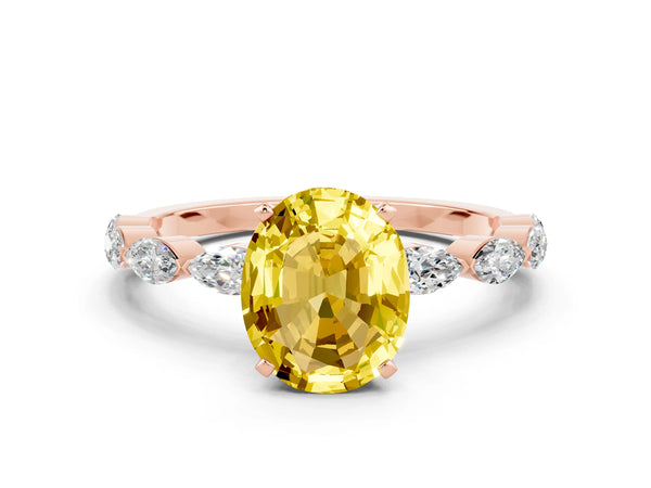 Rose gold Oval Cut Yellow Sapphire Ring with Marquise Side Stones and Prong Setting