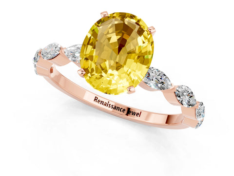 Rose gold Oval Cut Yellow Sapphire Ring with Marquise Side Stones and Prong Setting_13