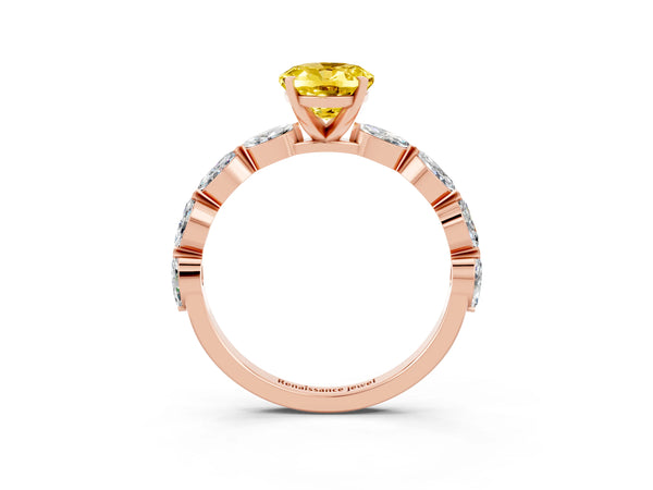 Rose gold Oval Cut Yellow Sapphire Ring with Marquise Side Stones and Prong Setting