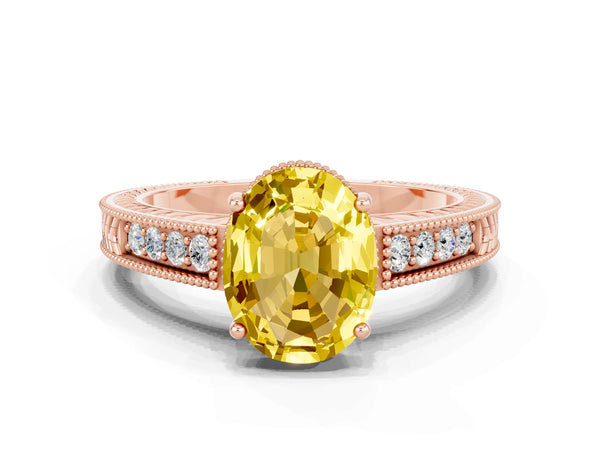 Rose gold Oval Cut Yellow Sapphire Ring with Milgrain Pavé Band and Four-Prong Setting