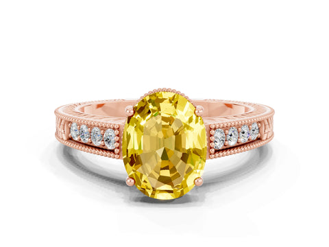 Rose gold Oval Cut Yellow Sapphire Ring with Milgrain Pavé Band and Four-Prong Setting_36