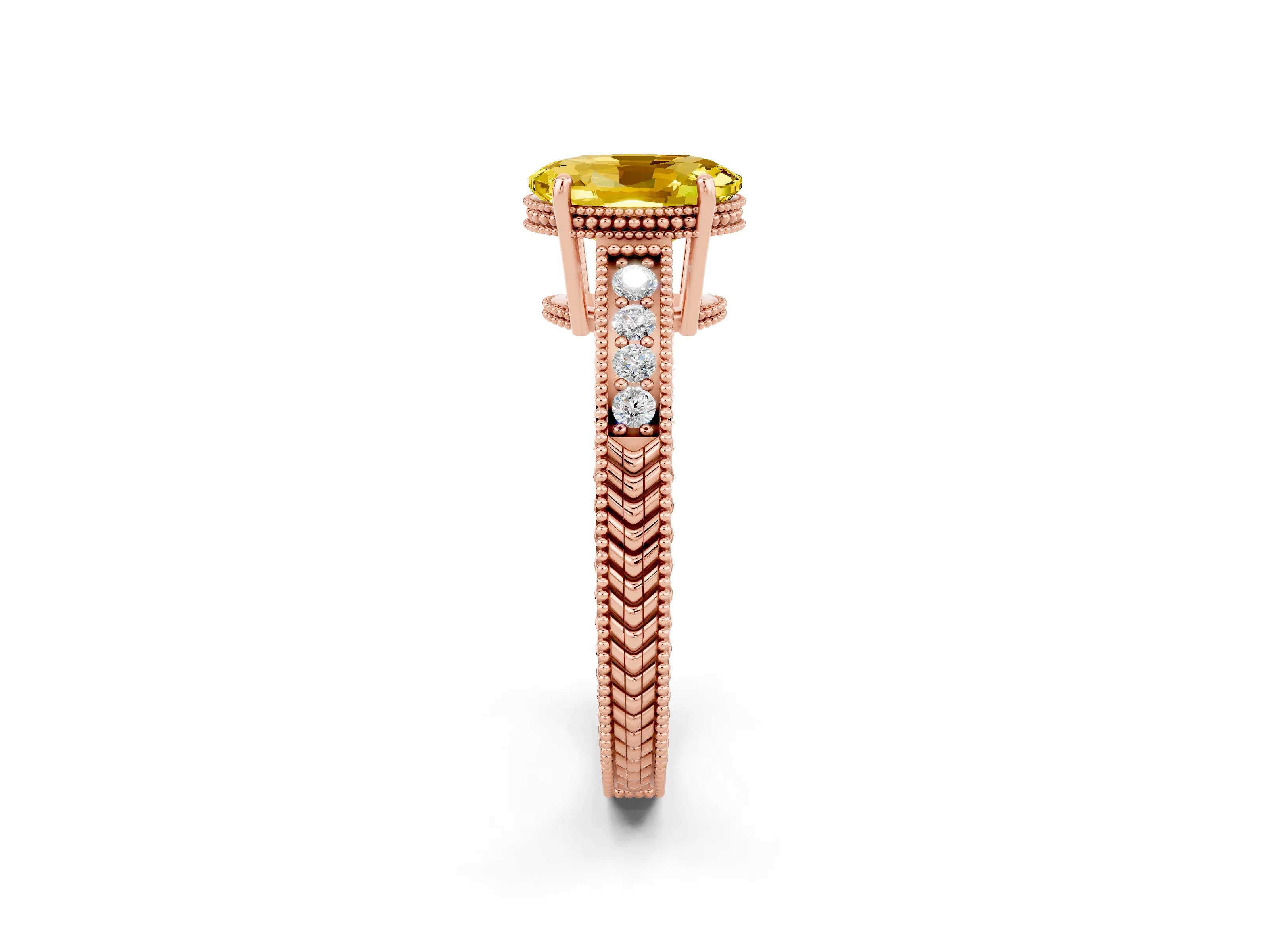 Rose gold Oval Cut Yellow Sapphire Ring with Milgrain Pavé Band and Four-Prong Setting_38