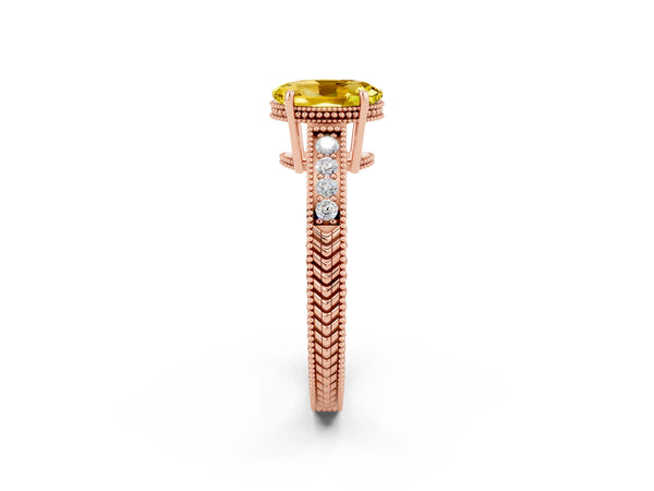 Rose gold Oval Cut Yellow Sapphire Ring with Milgrain Pavé Band and Four-Prong Setting
