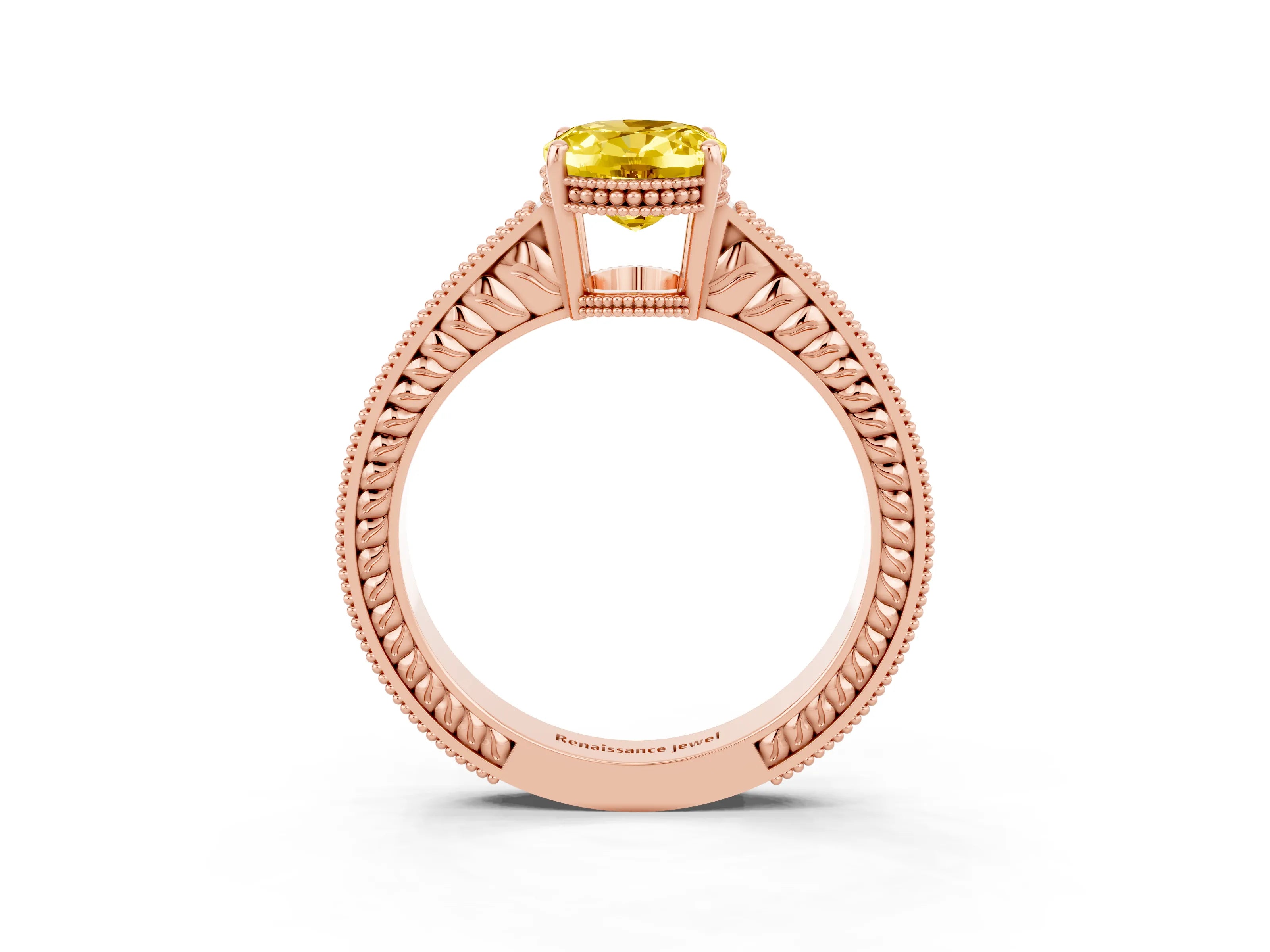 Rose gold Oval Cut Yellow Sapphire Ring with Milgrain Pavé Band and Four-Prong Setting_39