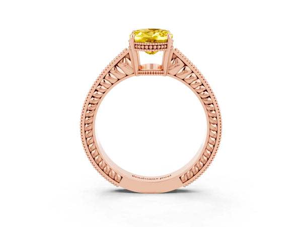 Rose gold Oval Cut Yellow Sapphire Ring with Milgrain Pavé Band and Four-Prong Setting