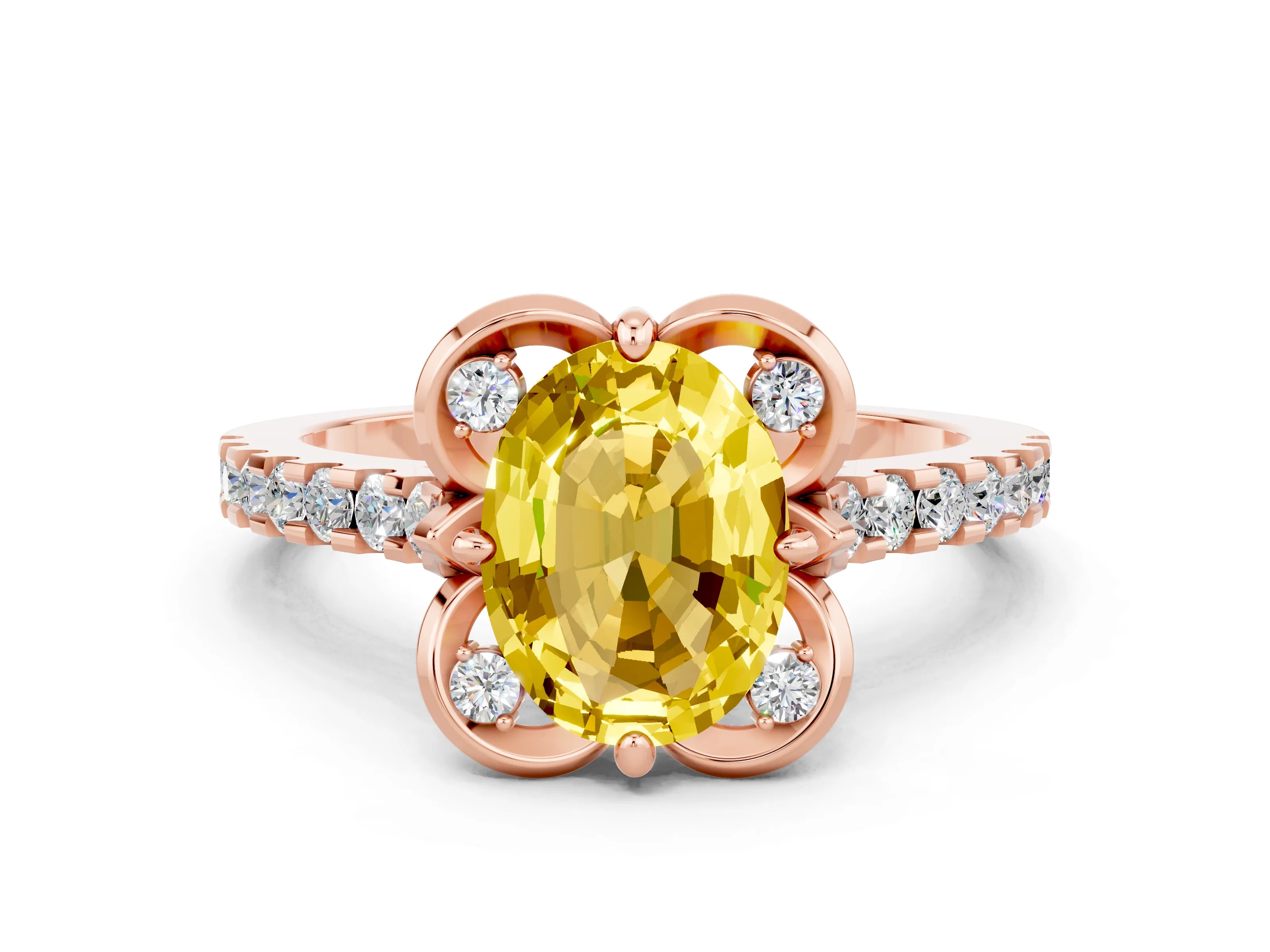 Rose gold Oval Cut Yellow Sapphire Ring with Pavé Band and Floral Prong Setting
