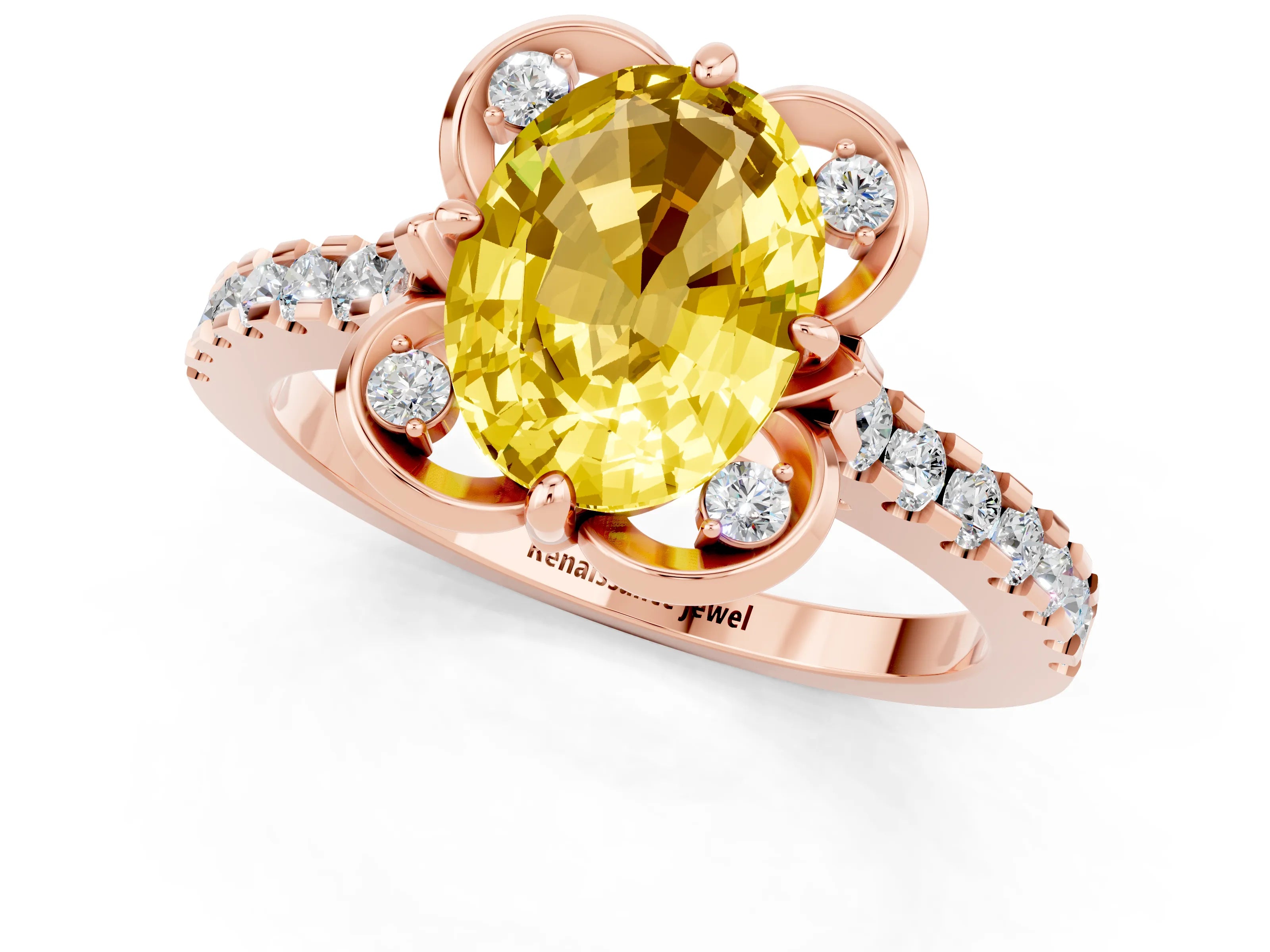 Rose gold Oval Cut Yellow Sapphire Ring with Pavé Band and Floral Prong Setting_1