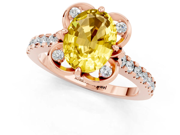Rose gold Oval Cut Yellow Sapphire Ring with Pavé Band and Floral Prong Setting