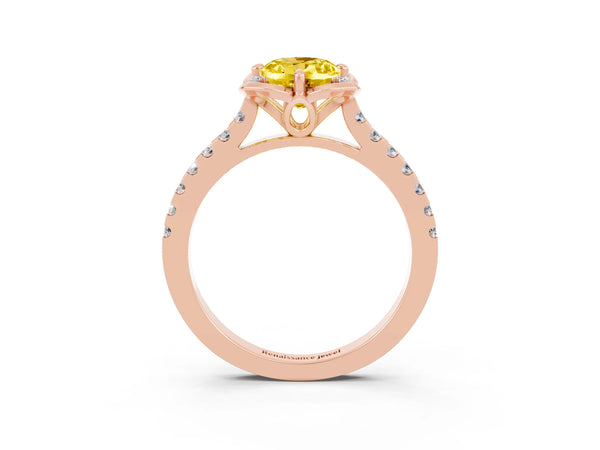 Rose gold Oval Cut Yellow Sapphire Ring with Pavé Band and Floral Prong Setting