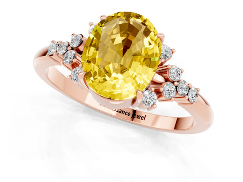 Rose gold Oval Cut Yellow Sapphire Ring with Side Stones and Four-Prong Setting_97