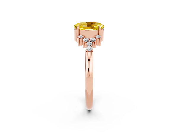 Rose gold Oval Cut Yellow Sapphire Ring with Side Stones and Four-Prong Setting