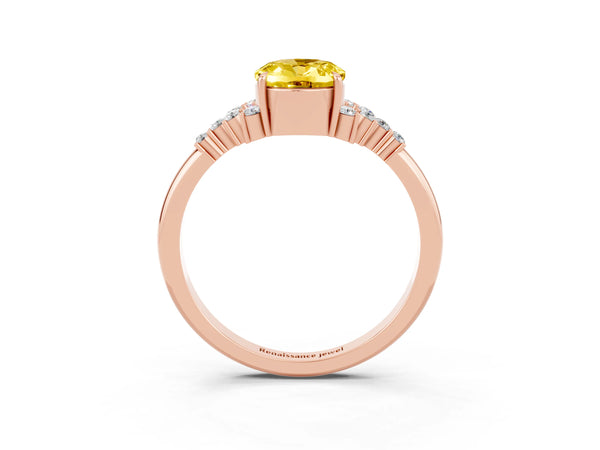 Rose gold Oval Cut Yellow Sapphire Ring with Side Stones and Four-Prong Setting