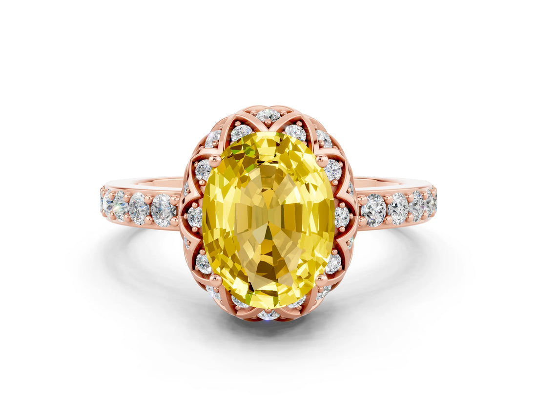 Rose gold Oval Cut Yellow Sapphire Scalloped Halo Engagement Ring with Round Shared Prong Band_12