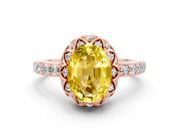 Rose gold Oval Cut Yellow Sapphire Scalloped Halo Engagement Ring with Round Shared Prong Band