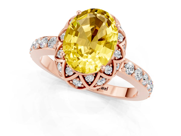 Rose gold Oval Cut Yellow Sapphire Scalloped Halo Engagement Ring with Round Shared Prong Band