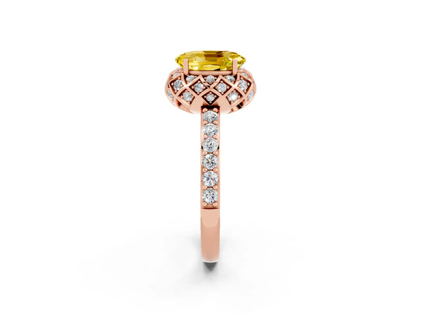 Rose gold Oval Cut Yellow Sapphire Scalloped Halo Engagement Ring with Round Shared Prong Band
