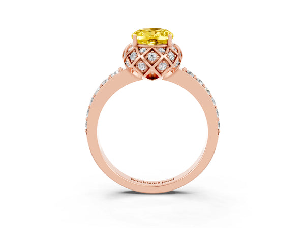 Rose gold Oval Cut Yellow Sapphire Scalloped Halo Engagement Ring with Round Shared Prong Band