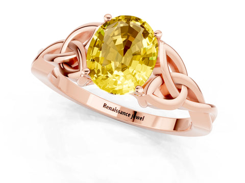 Rose gold Oval Cut Yellow Sapphire Solitaire Celtic Knot Ring with Four-Prong Setting_25
