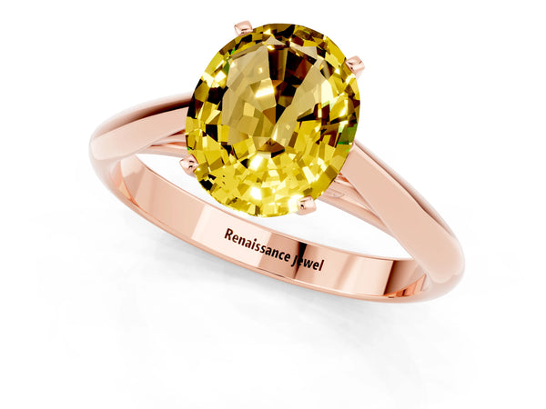 Rose gold Oval Cut Yellow Sapphire Solitaire Engagement Ring with Cathedral Setting and Four-Prong Mount