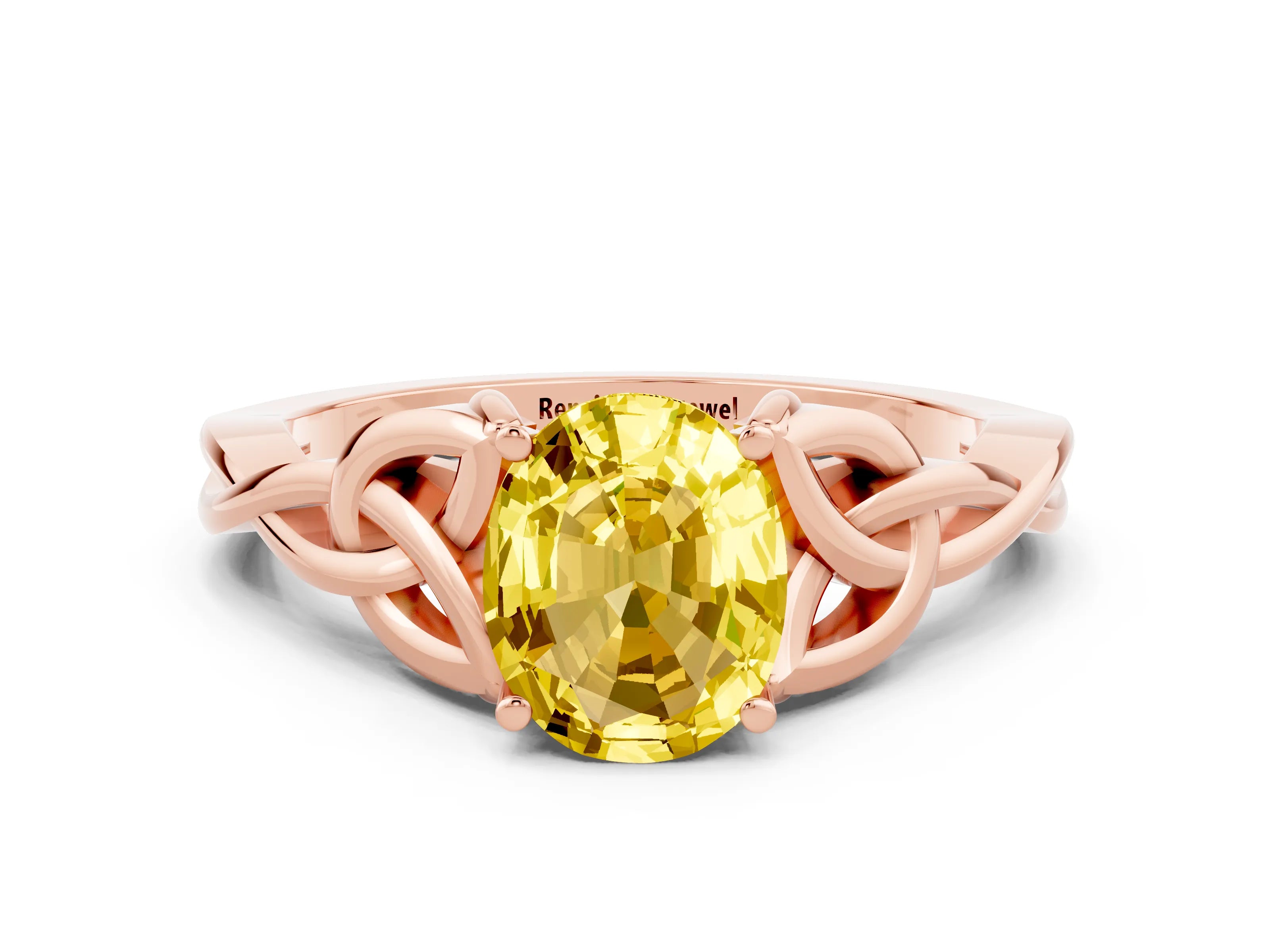 Rose gold Oval Cut Yellow Sapphire Solitaire Engagement Ring with Celtic Knot Band and Four-Prong Setting_24