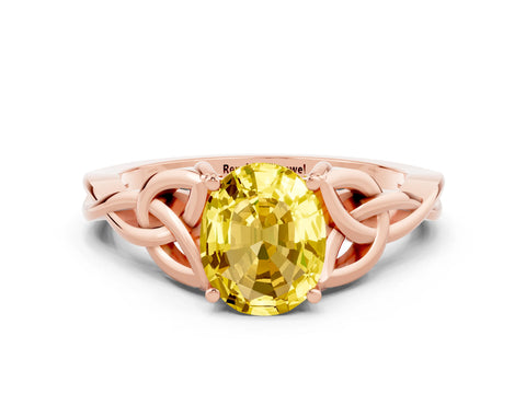 Rose gold Oval Cut Yellow Sapphire Solitaire Engagement Ring with Celtic Knot Band and Four-Prong Setting_24