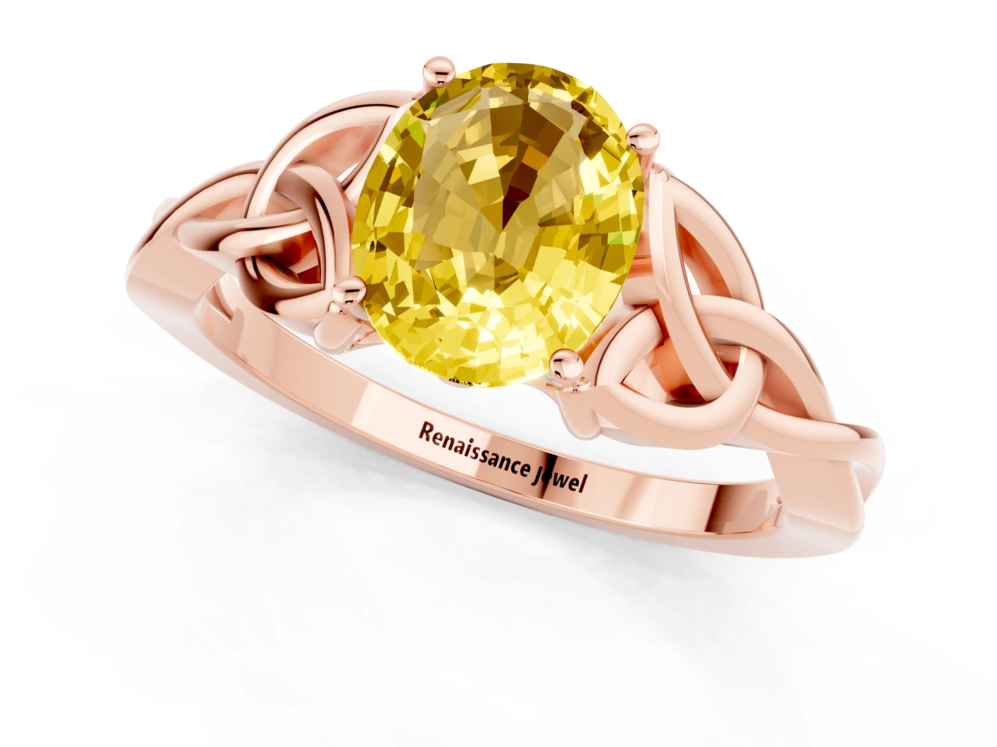 Rose gold Oval Cut Yellow Sapphire Solitaire Engagement Ring with Celtic Knot Band and Four-Prong Setting_25