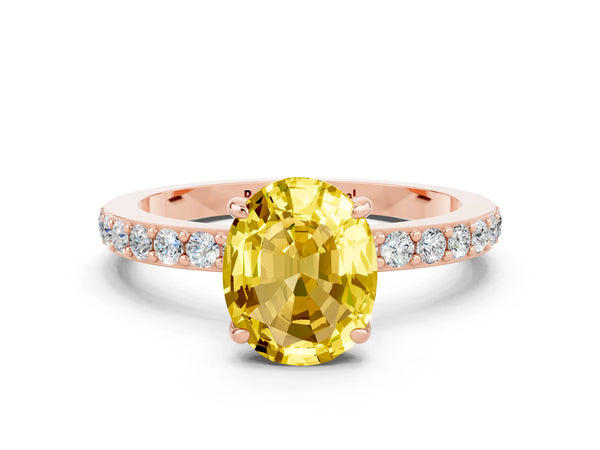 Rose gold Oval Cut Yellow Sapphire Solitaire Engagement Ring with Pavé Band and Four-Prong Setting