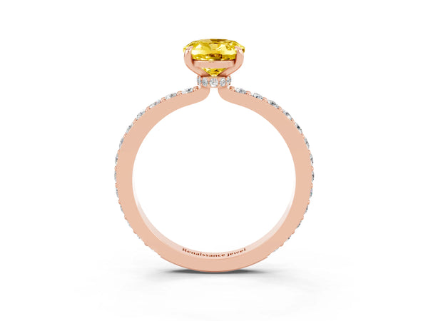 Rose gold Oval Cut Yellow Sapphire Solitaire Engagement Ring with Pavé Band and Four-Prong Setting