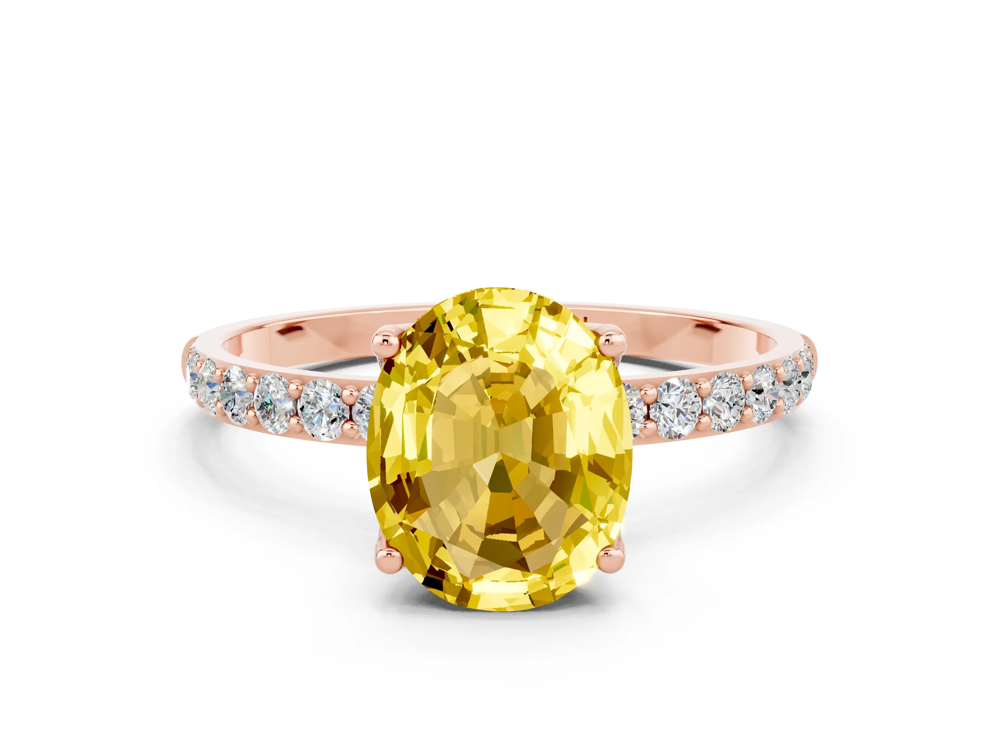 Rose gold Oval Cut Yellow Sapphire Solitaire Engagement Ring with Pavé Band and Prong Setting