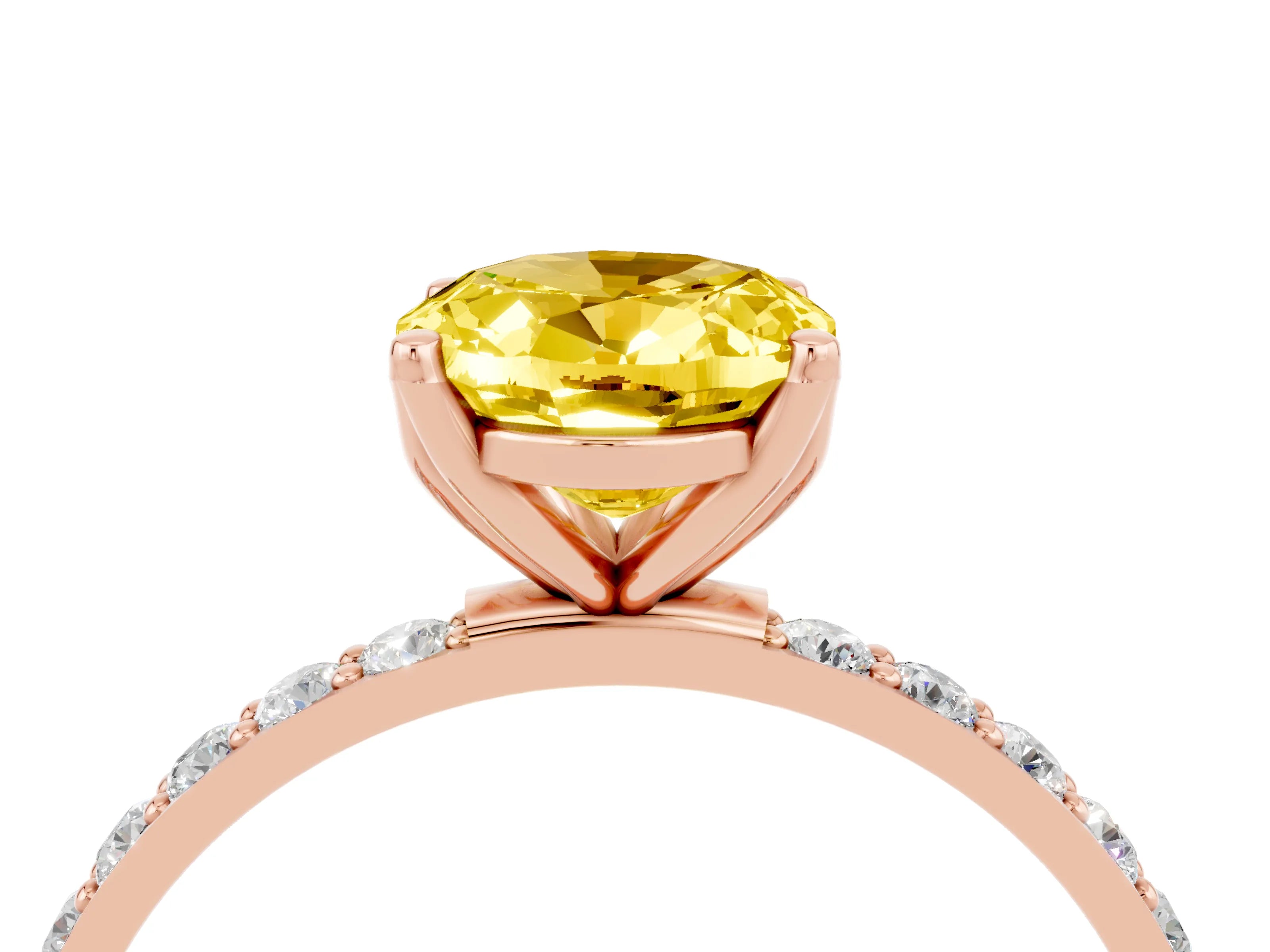 Rose gold Oval Cut Yellow Sapphire Solitaire Engagement Ring with Pavé Band and Prong Setting_4