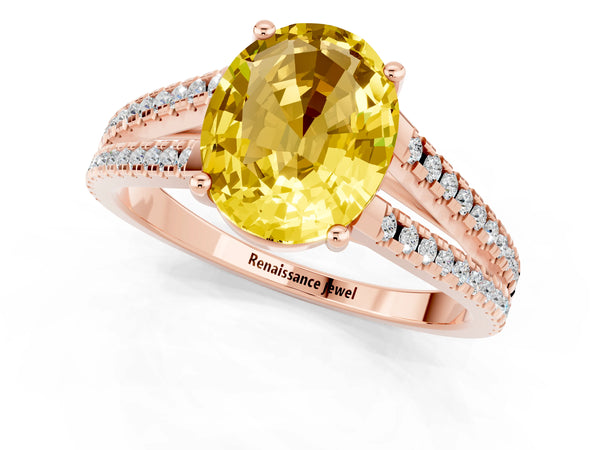 Rose gold Oval Cut Yellow Sapphire Solitaire Engagement Ring with Split Shank Pavé Band