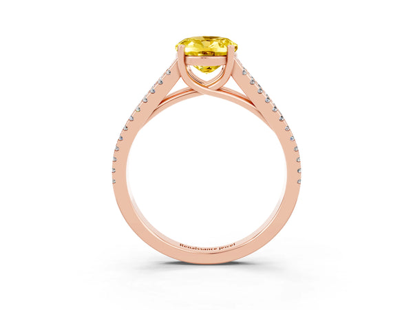 Rose gold Oval Cut Yellow Sapphire Solitaire Engagement Ring with Split Shank Pavé Band