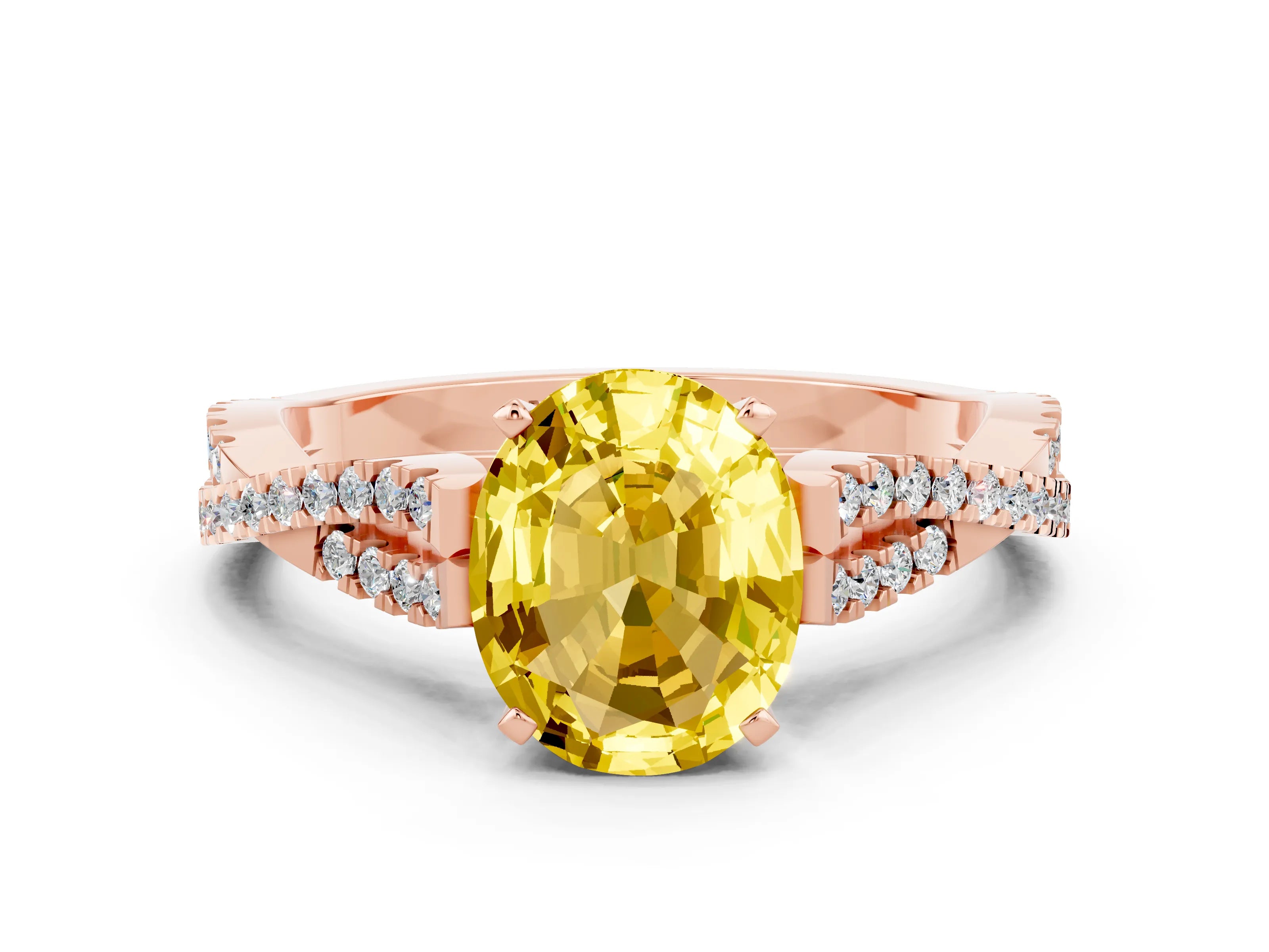 Rose gold Oval Cut Yellow Sapphire Solitaire Engagement Ring with Twisted Pavé Band and Four-Prong Setting_12