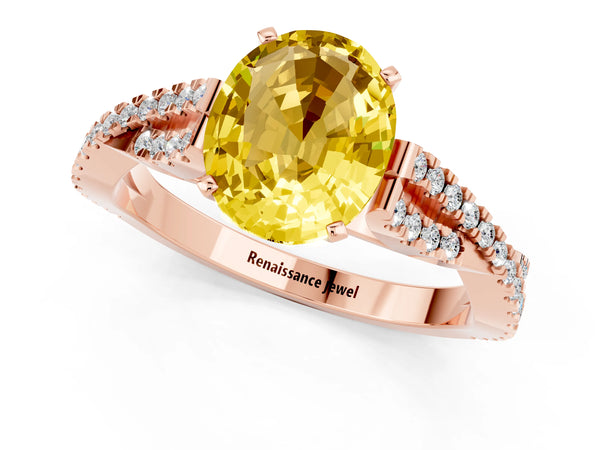 Rose gold Oval Cut Yellow Sapphire Solitaire Engagement Ring with Twisted Pavé Band and Four-Prong Setting