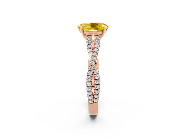 Rose gold Oval Cut Yellow Sapphire Solitaire Engagement Ring with Twisted Pavé Band and Four-Prong Setting