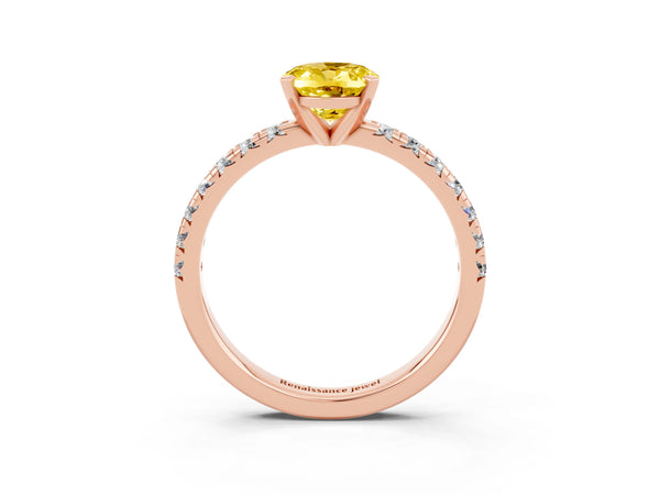 Rose gold Oval Cut Yellow Sapphire Solitaire Pavé Engagement Ring with Round Band and Prong Setting