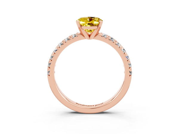 Rose gold Oval Cut Yellow Sapphire Solitaire Pavé Engagement Ring with Round Band and Prong Setting