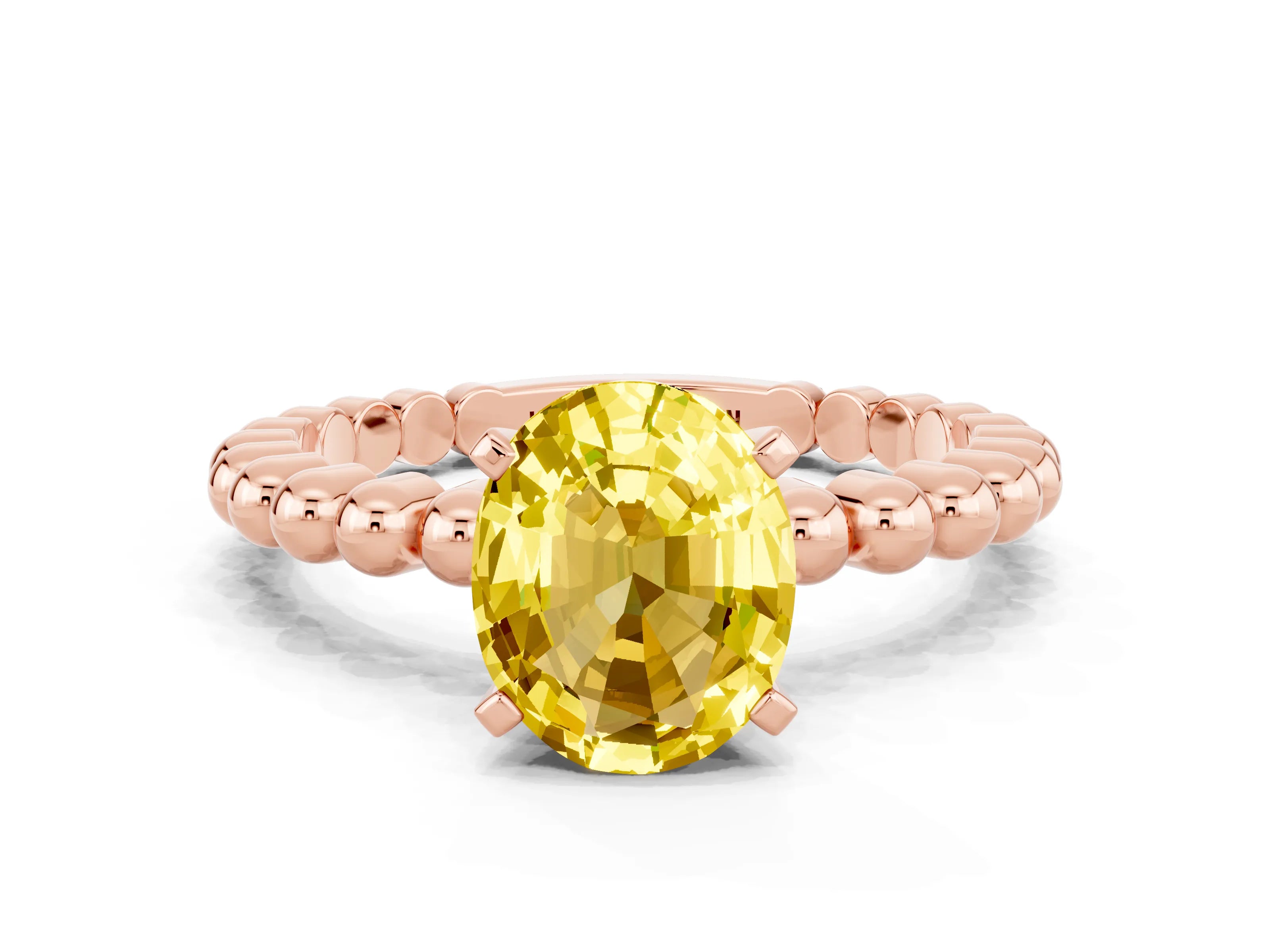 Rose gold Oval Cut Yellow Sapphire Solitaire Ring with Beaded Band and Prong Setting