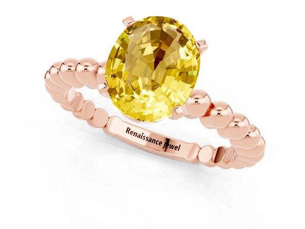 Rose gold Oval Cut Yellow Sapphire Solitaire Ring with Beaded Band and Prong Setting