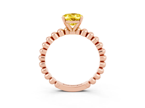Rose gold Oval Cut Yellow Sapphire Solitaire Ring with Beaded Band and Prong Setting
