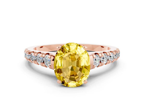 Rose gold Oval Cut Yellow Sapphire Cathedral Solitaire Ring with Round  Pavé Band