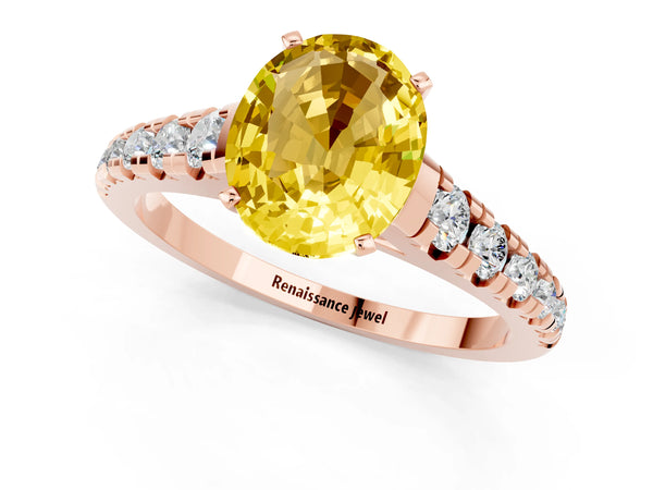 Rose gold Oval Cut Yellow Sapphire Cathedral Solitaire Ring with Round  Pavé Band
