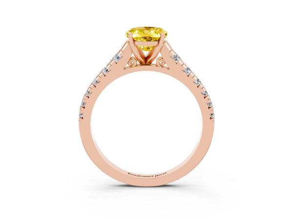 Rose gold Oval Cut Yellow Sapphire Cathedral Solitaire Ring with Round  Pavé Band