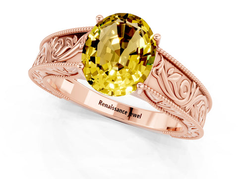 Rose gold Oval Cut Yellow Sapphire Solitaire Ring with Engraved Band and Four-Prong Setting_1