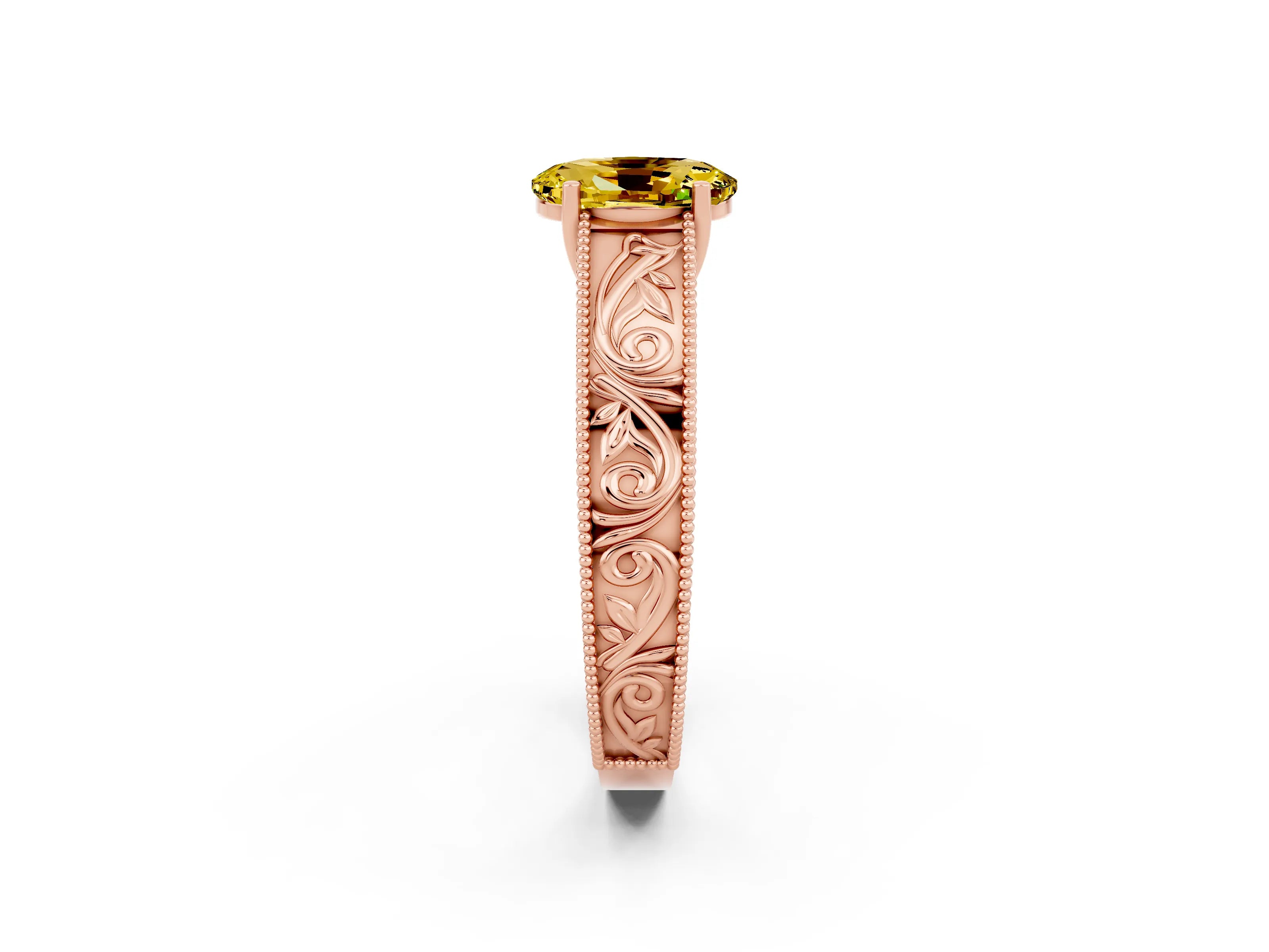 Rose gold Oval Cut Yellow Sapphire Solitaire Ring with Engraved Band and Four-Prong Setting_2