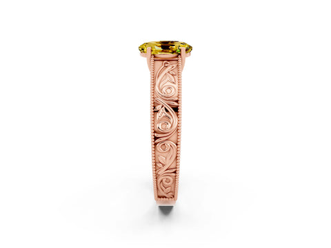 Rose gold Oval Cut Yellow Sapphire Solitaire Ring with Engraved Band and Four-Prong Setting_2