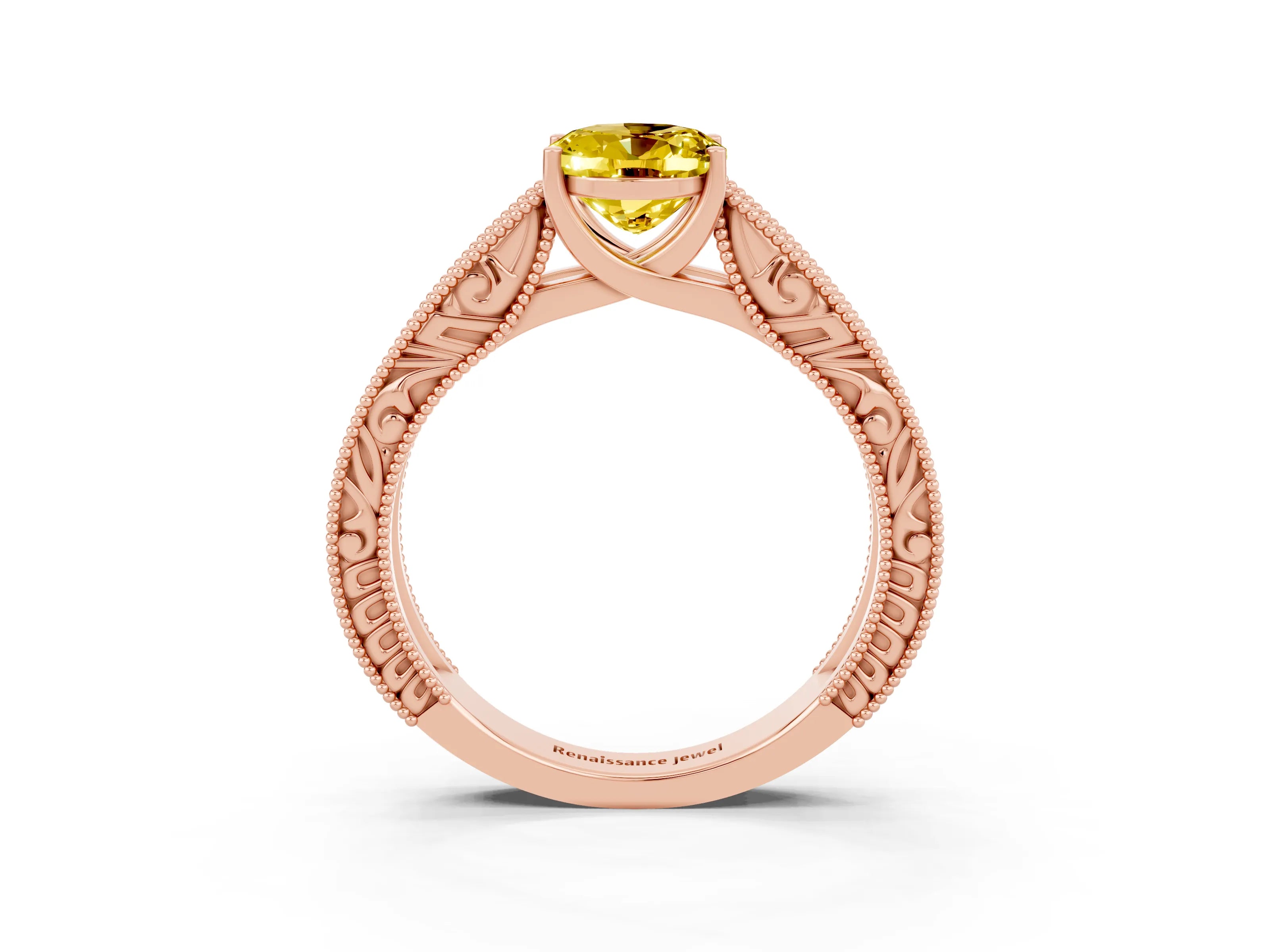 Rose gold Oval Cut Yellow Sapphire Solitaire Ring with Engraved Band and Four-Prong Setting_3