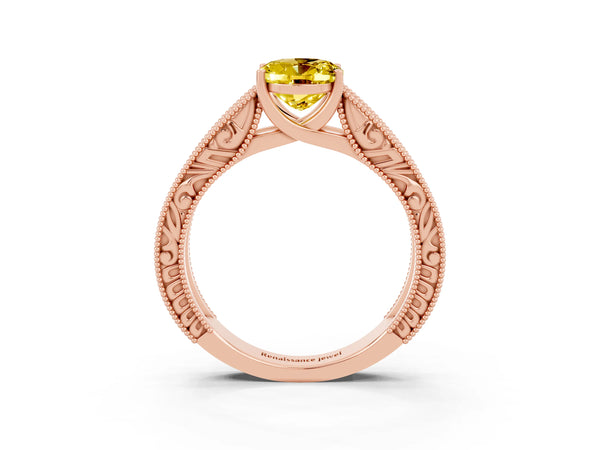 Rose gold Oval Cut Yellow Sapphire Solitaire Ring with Engraved Band and Four-Prong Setting